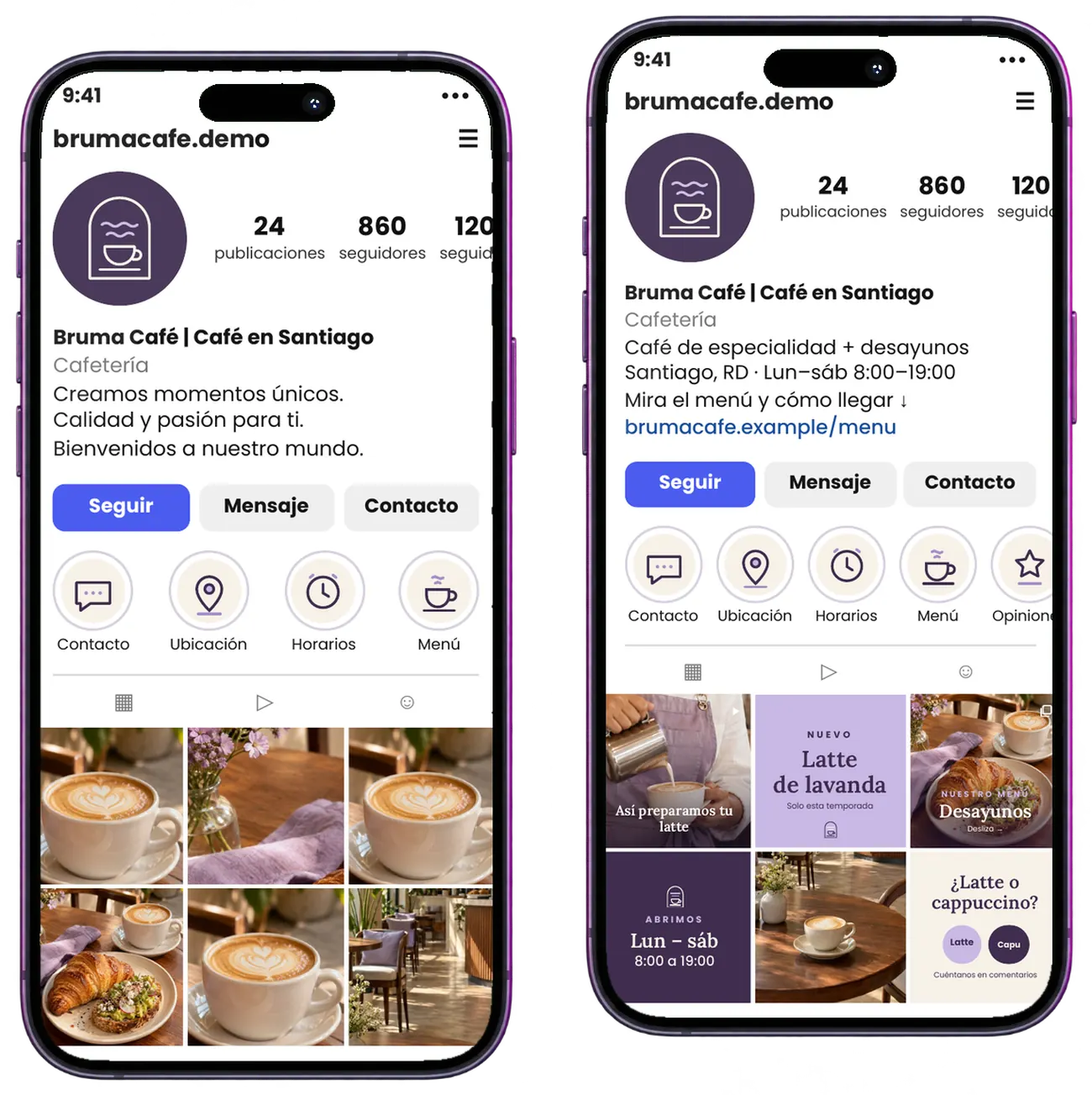 Dos versiones del perfil de Bruma Café: antes con una presentación genérica y después con una oferta y contenido más claros